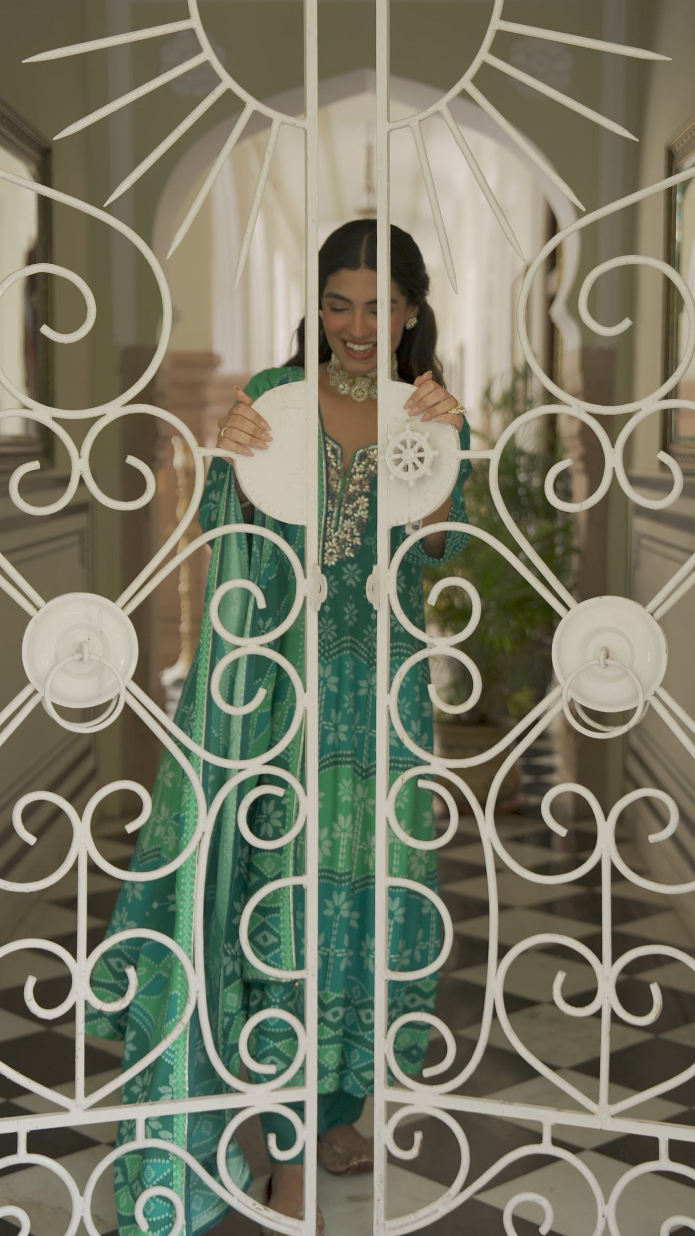 Bluish Green Muslin Anarkali Suit Set with Gota Work on Neck