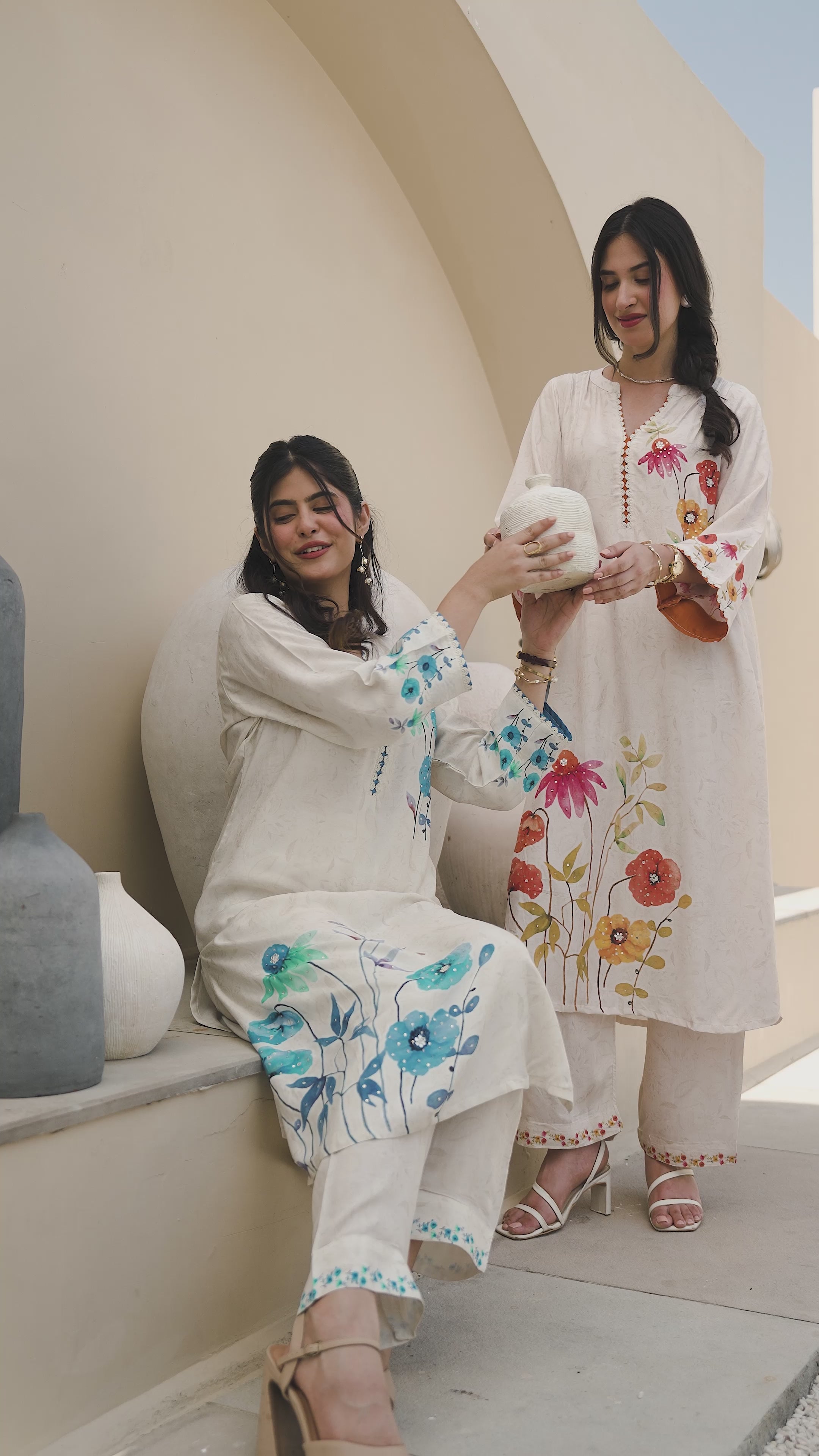 Off White Red Floral Placement with Sequence and Tari work Muslin Kurta Set