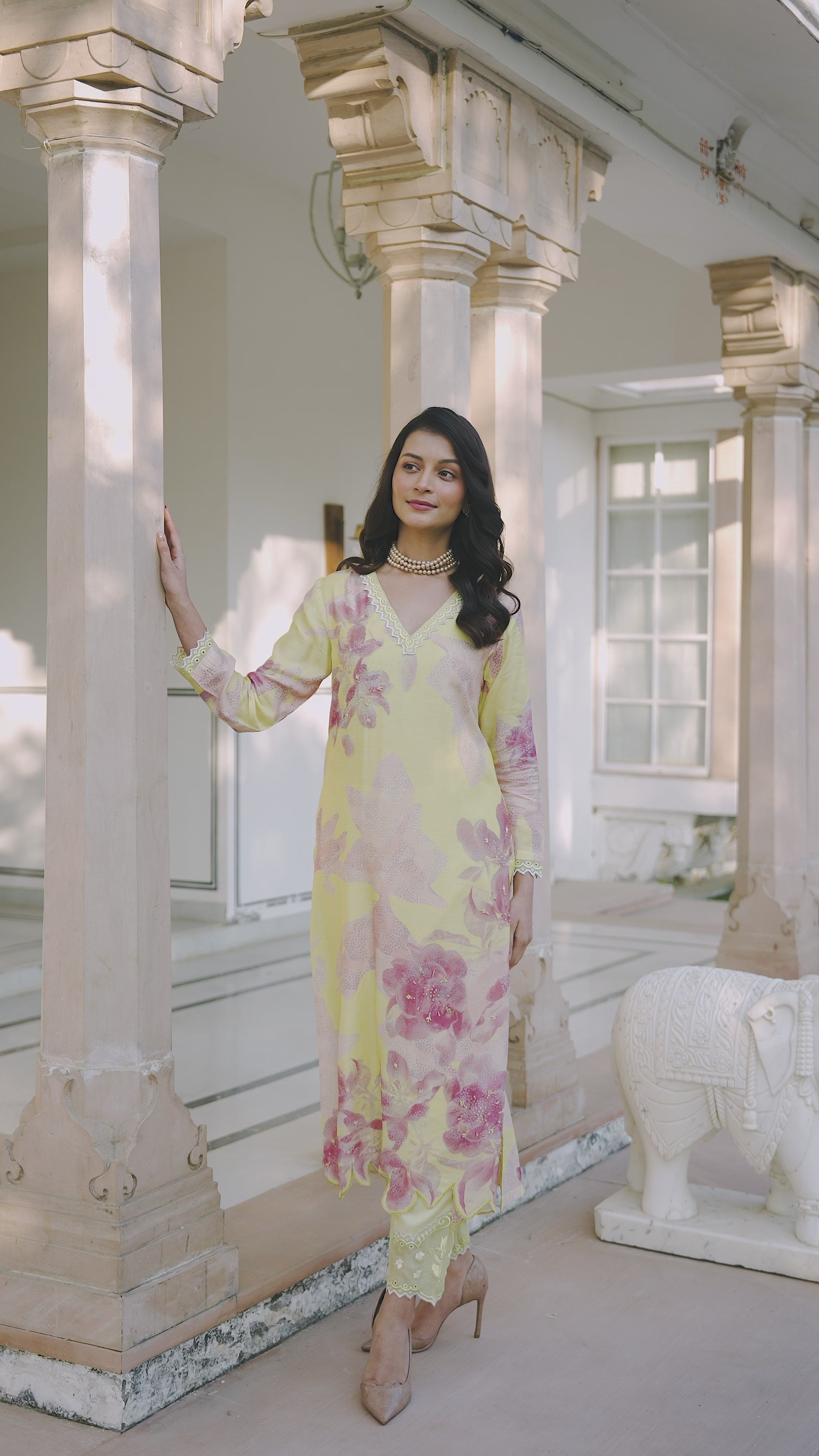Yellow and Peach Cut Work Scallope Muslin Kurta with Organza Border Embroidered Scallope Pant Set