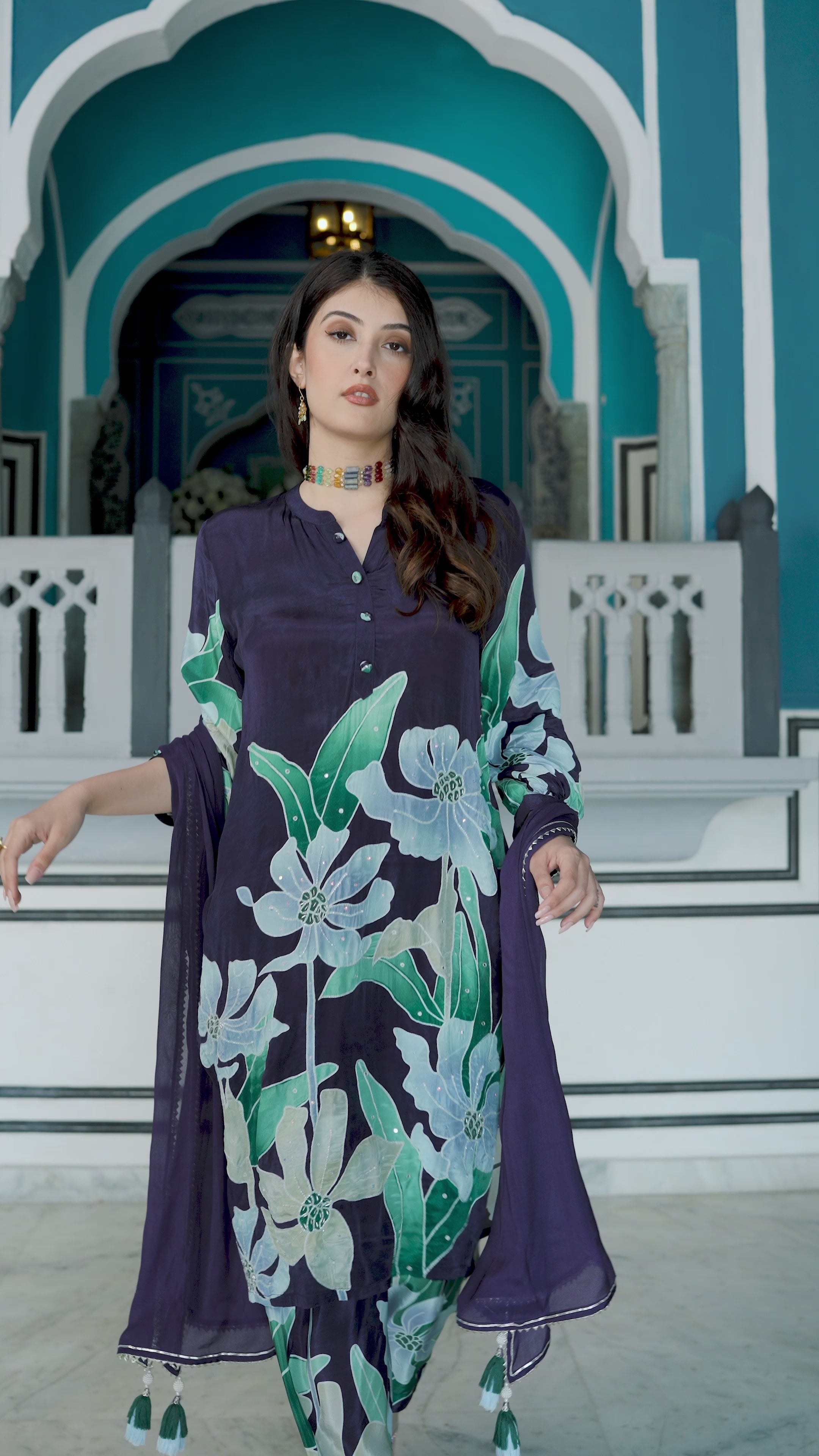 Berryblue Ikhtiyar Pure Crepe Placement Suit Set with Spread Work
