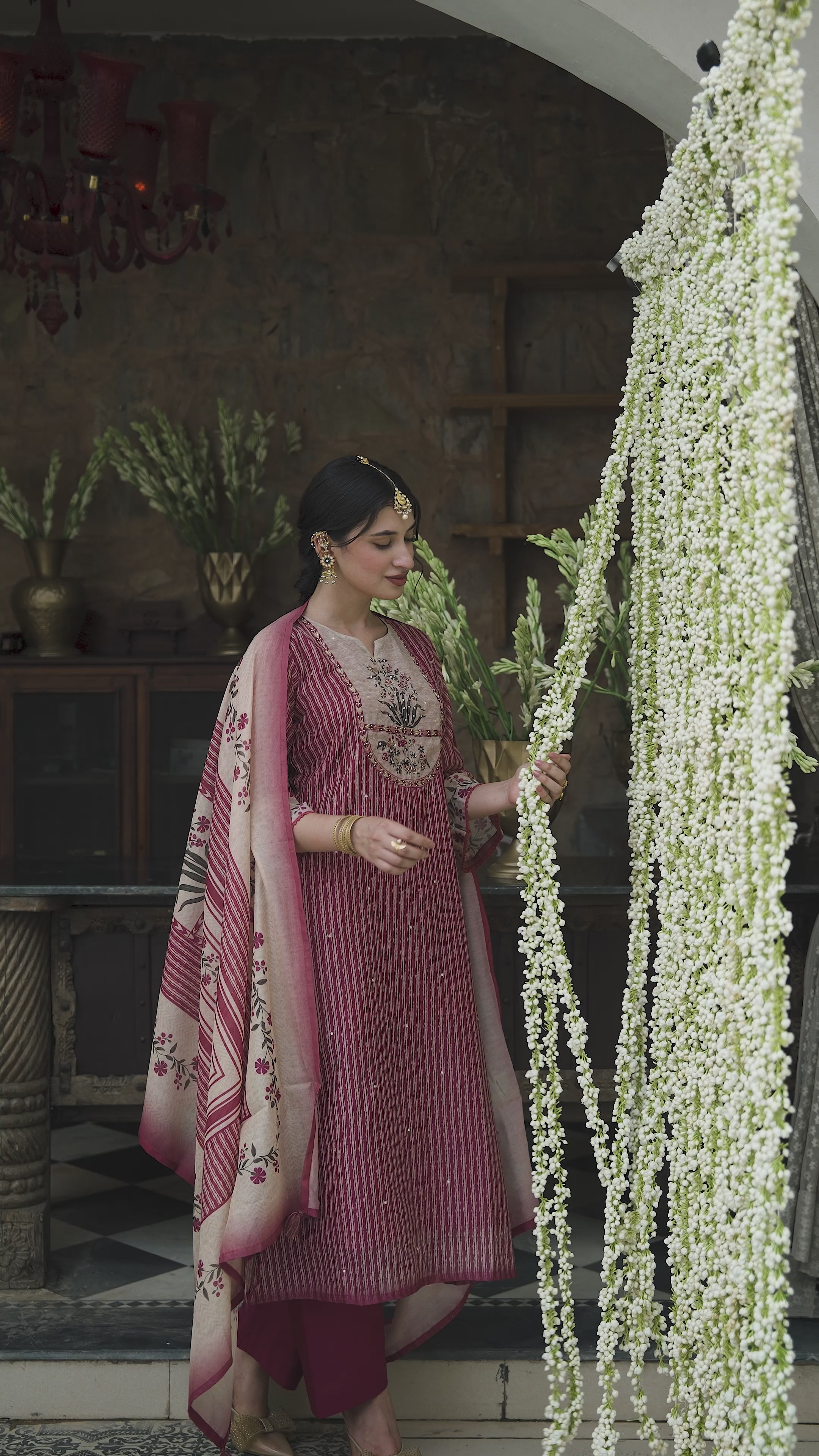 Purple Stripes Block Print with Floral Placement and Spread Gota Work Chanderi Suit Set