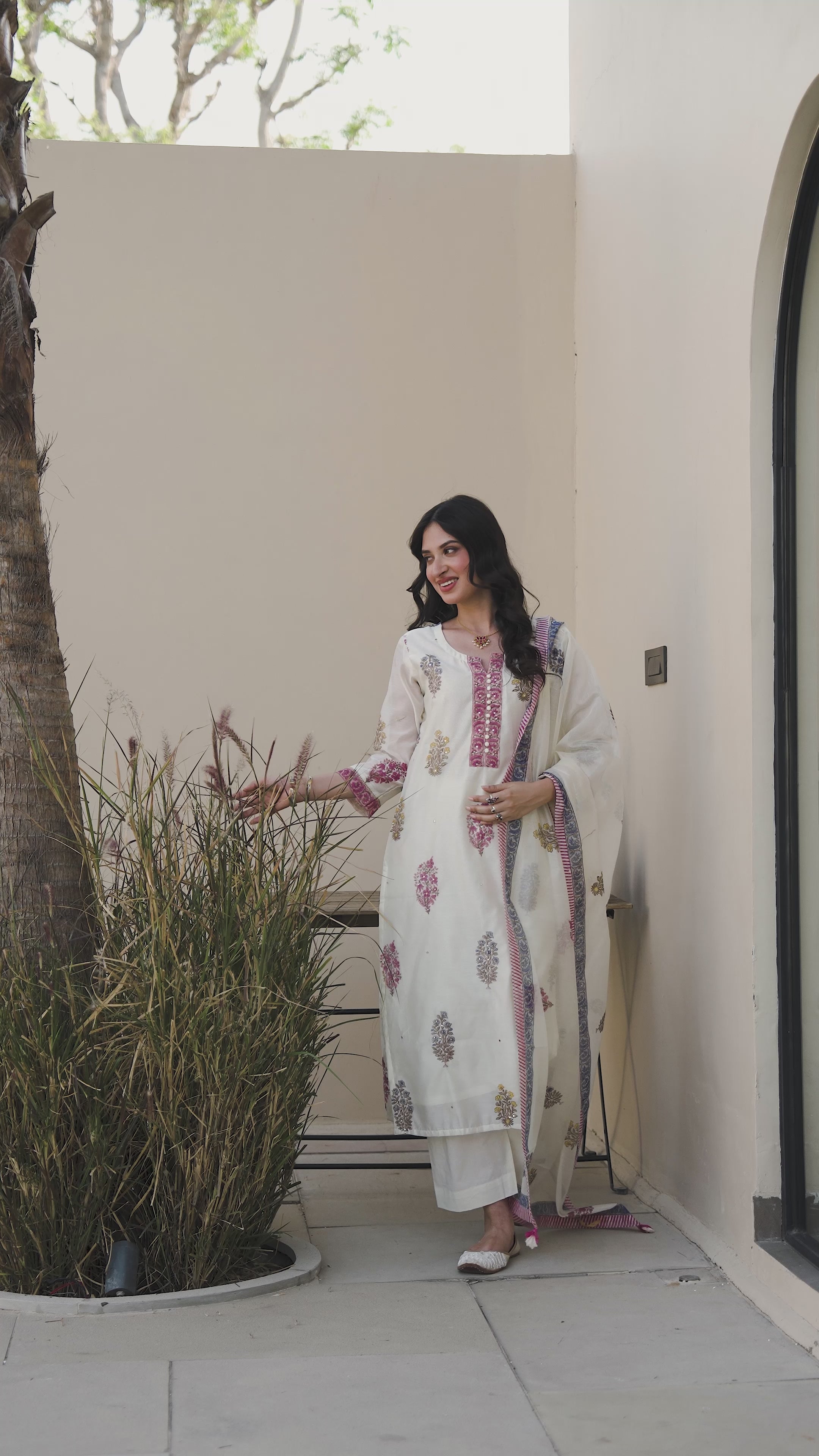 Off White Multi Coloured Hand Block Print with spread Gota work Chanderi Suit Set