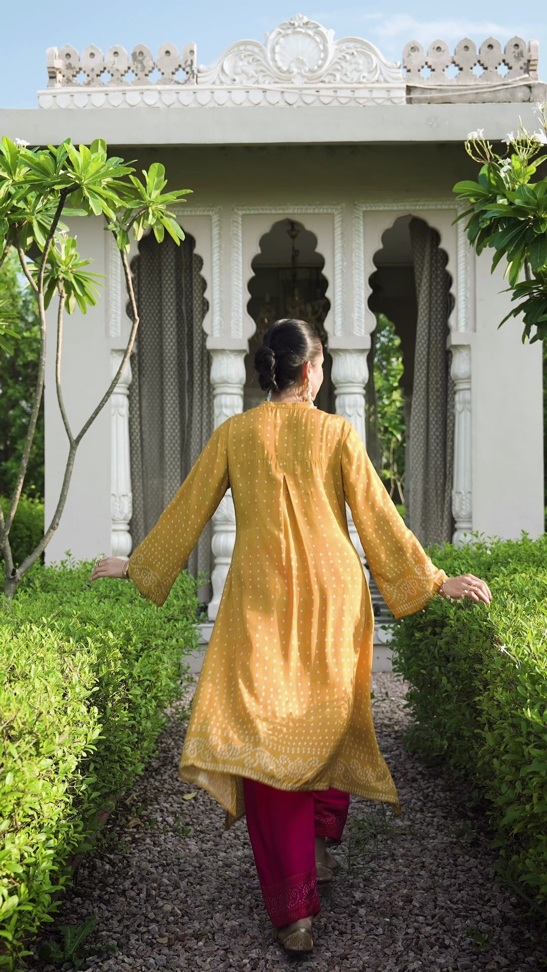 Yellow and Pink Bandhani A line kurta set with Sequence , Mirror and Thread Work