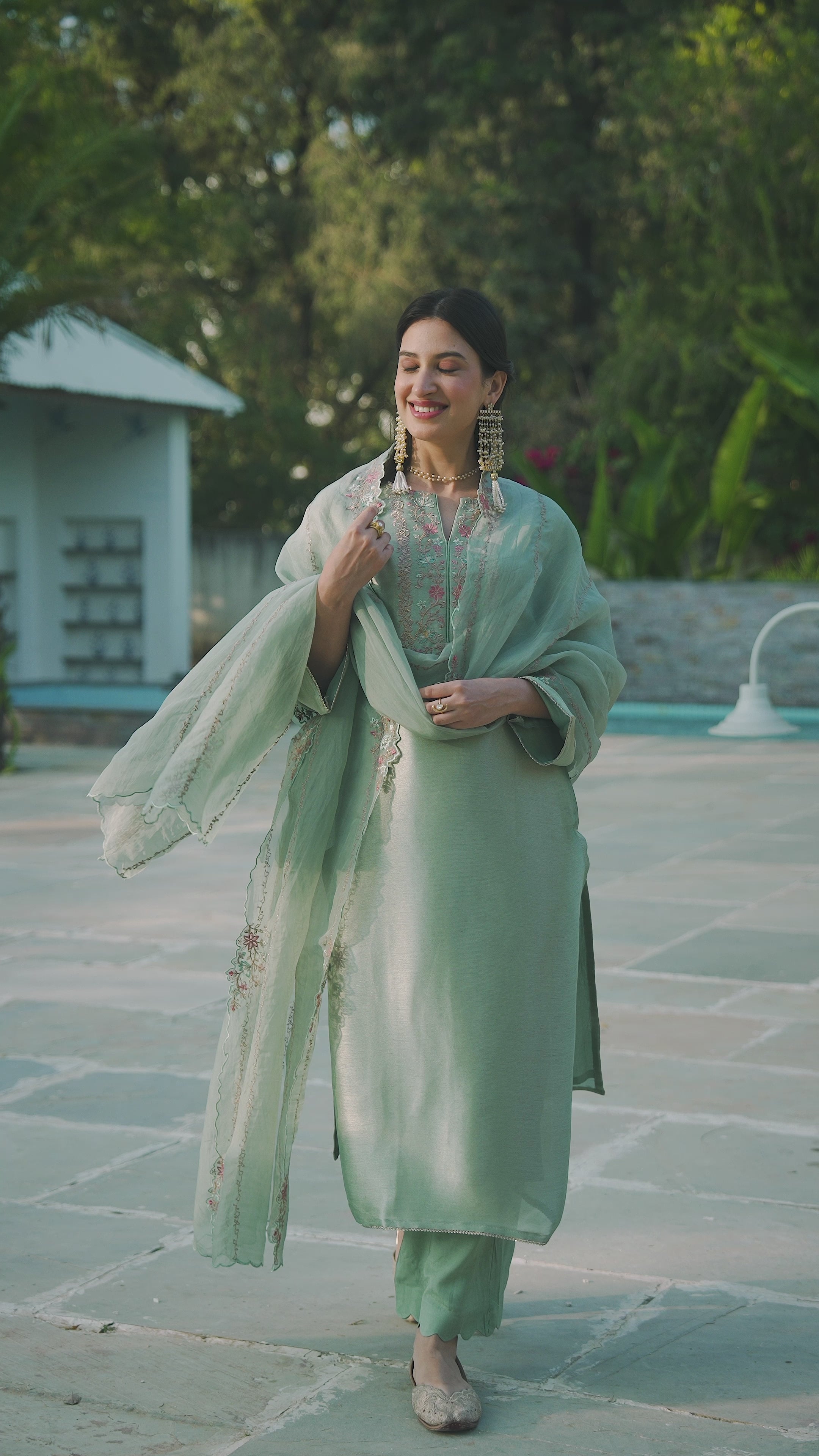 Sage Green Thread Embroidery with cut work and scallop embroidered border Suit Set