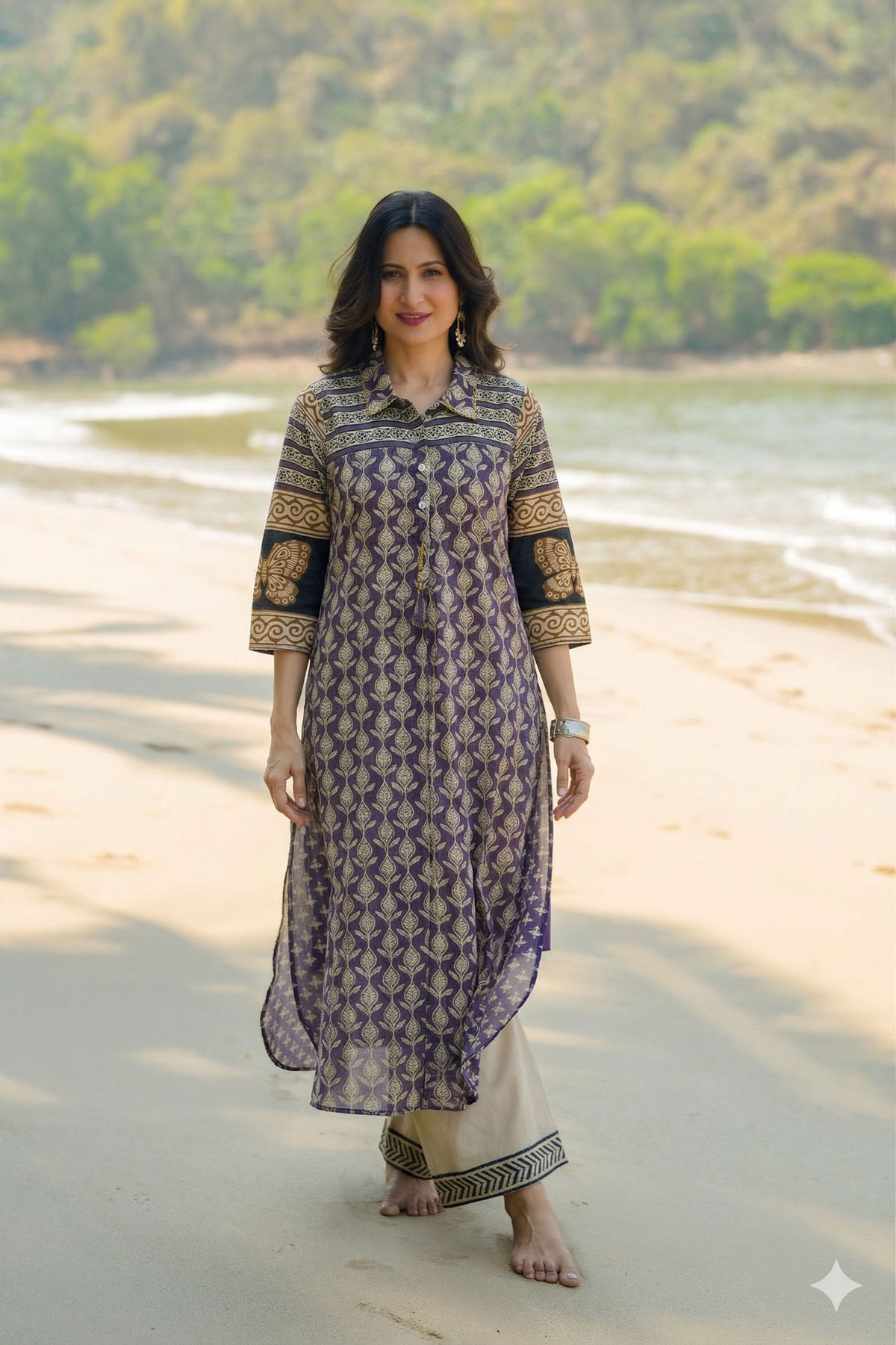 Purple and Blue Vayu Mul Chanderi Block Print Kurta Set