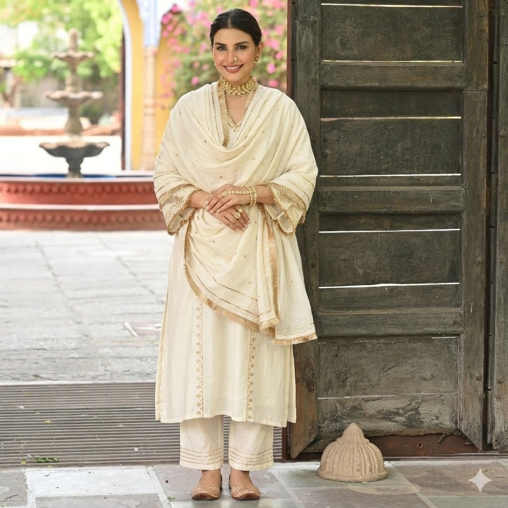 Off White  Gota Work Mul chanderi Block Plain Dupatta Suit Set