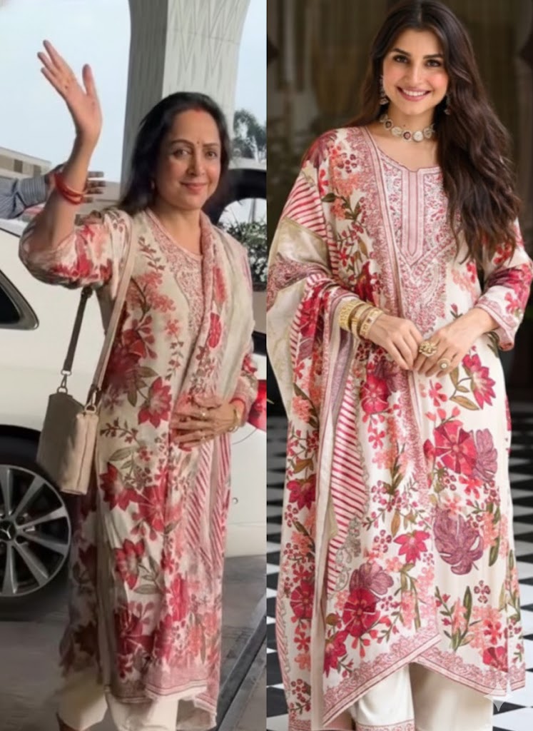 Hema Maliniji in White and Red Floral Thread Embroidery Muslin Suit Set