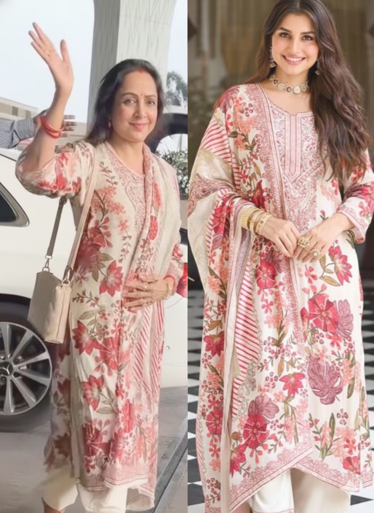 Hema Maliniji in White and Red Floral Thread Embroidery Muslin Suit Set
