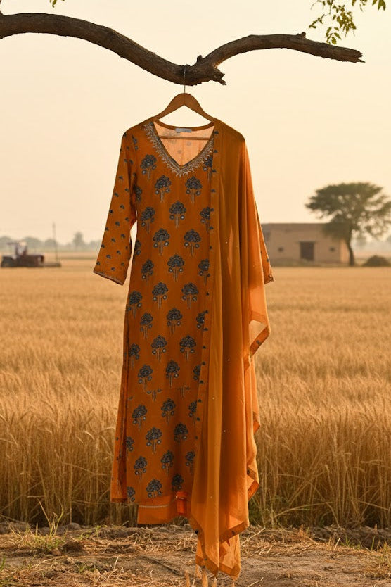 Mustard and blue muslin v neck gota work block print A line suit set with chiffon dupatta