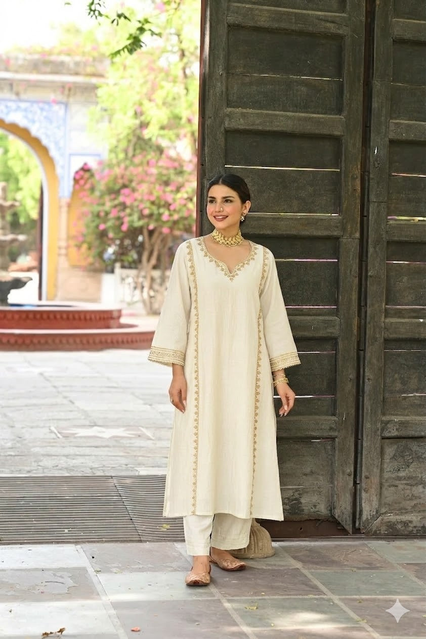 Off White  Gota Work Mul chanderi Block Plain Dupatta Suit Set