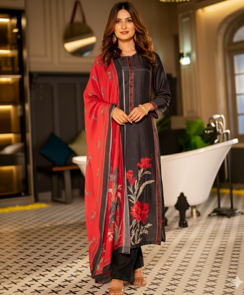 Black and Red Muslin Floral Panel Print Suit Set with beads work