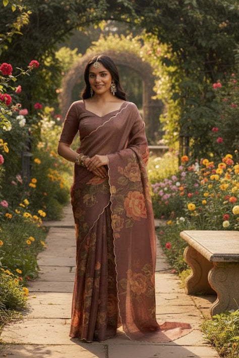 Brown shimmer tissue with scallope border and Zari sequence embellishment saree