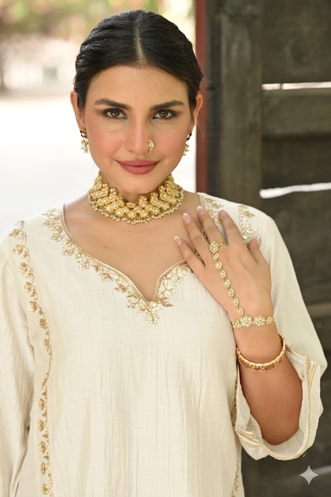 Off White  Gota Work Mul chanderi Block Plain Dupatta Suit Set