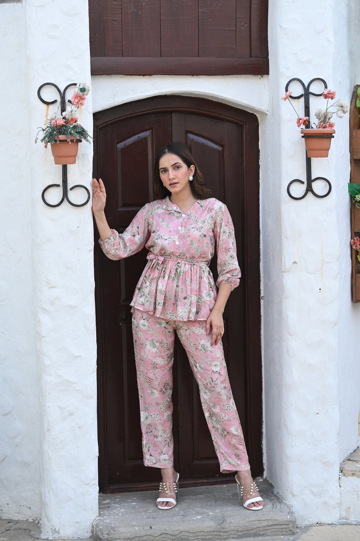 Pink Floral Print Kaftan Set