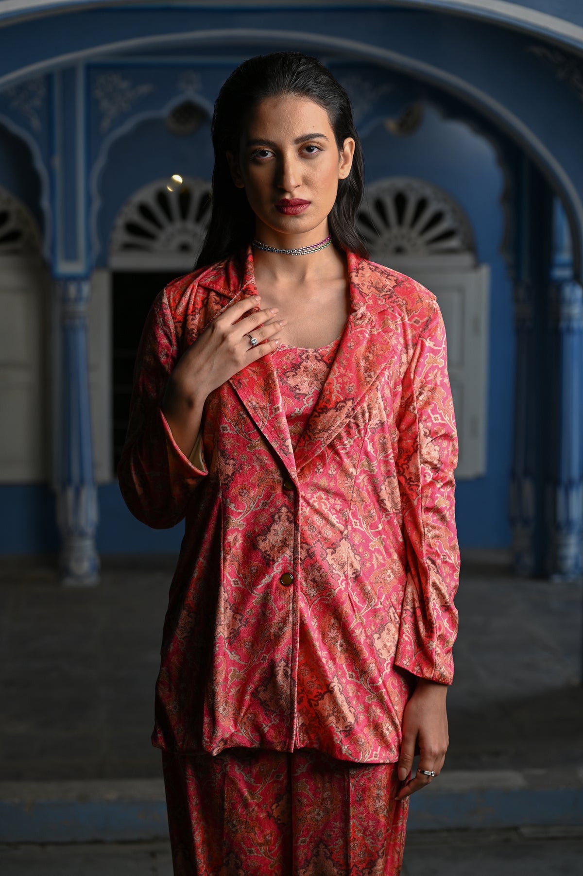 Pinkish Red Blossom Velvet Co-ord Set