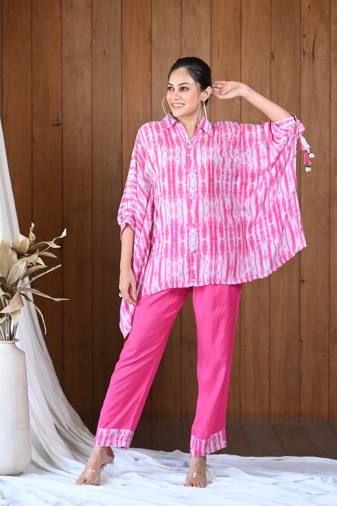Pink Shibori Muslin Kaftan Top & Pant Set