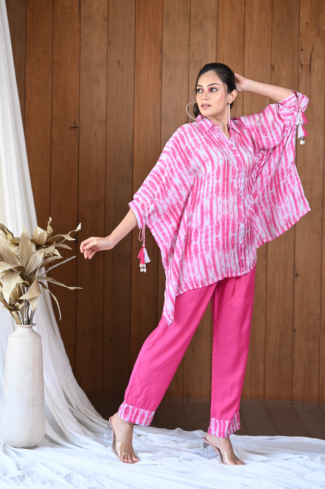 Pink Shibori Muslin Kaftan Top & Pant Set