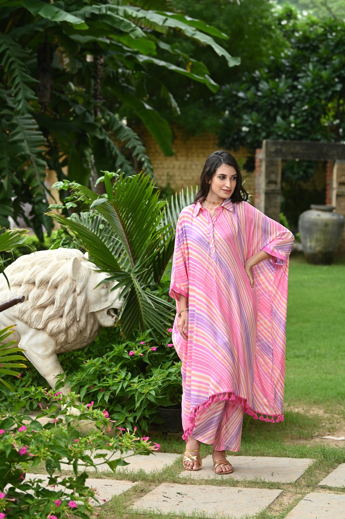 Pink Cheeky Lehriya Kaftan Set