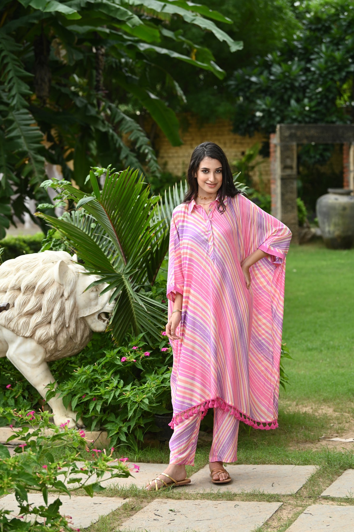 Pink Cheeky Lehriya Kaftan Set