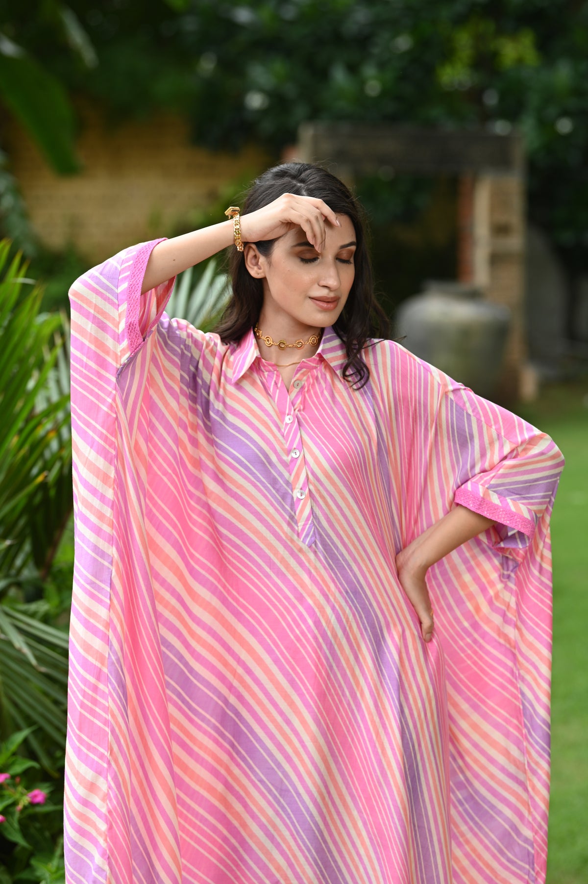 Pink Cheeky Lehriya Kaftan Set