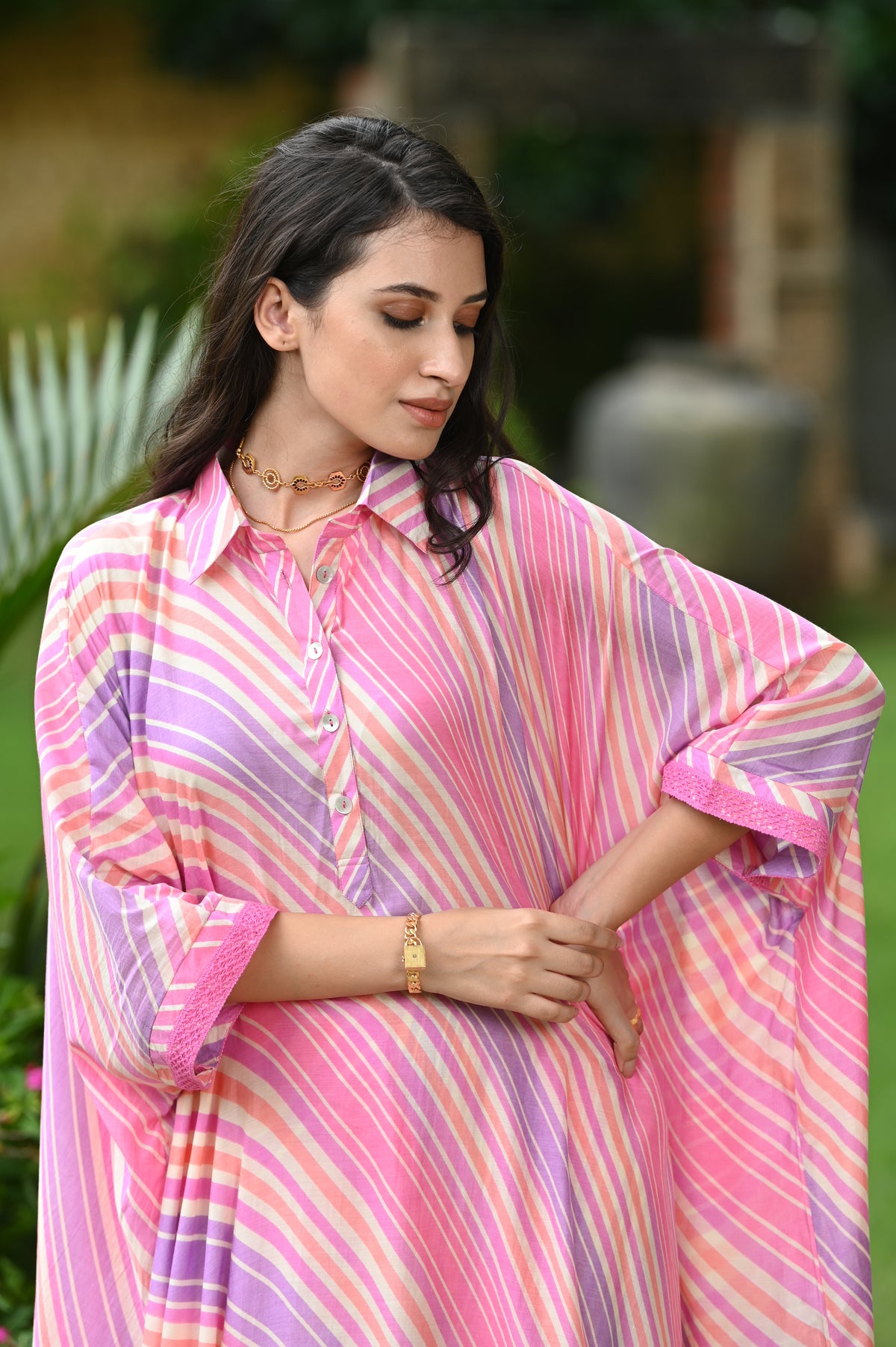 Pink Cheeky Lehriya Kaftan Set